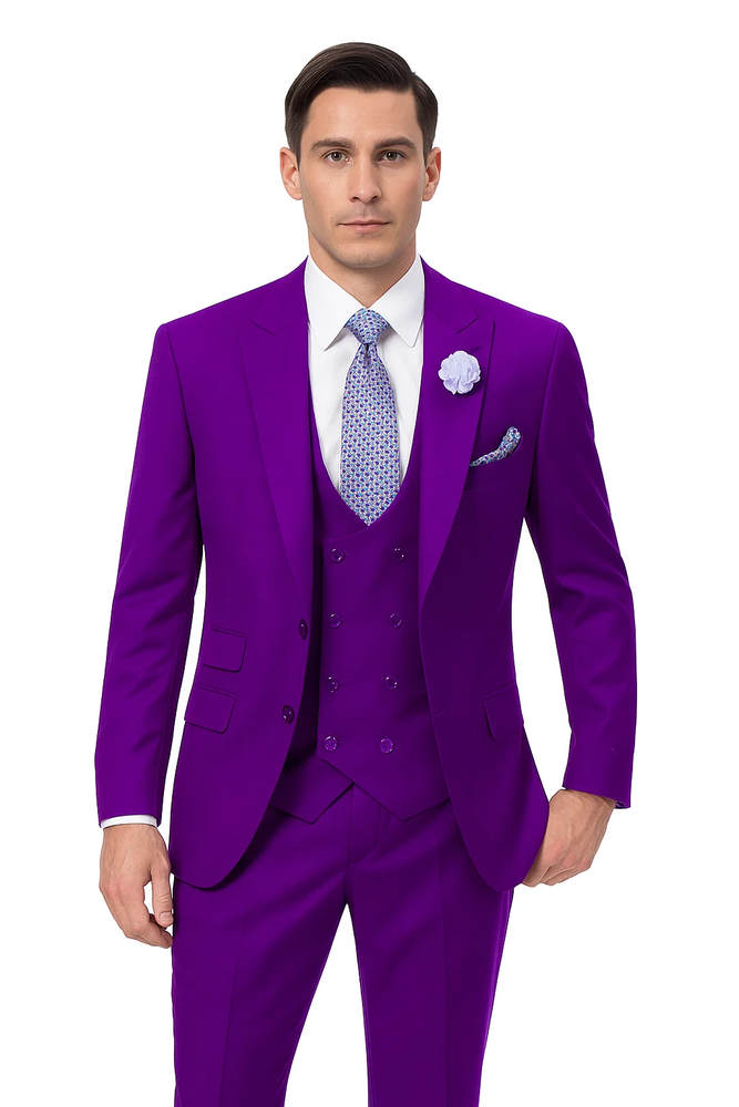  Modern Purple Suit for Men – 3-Piece with Peak Lapel & Double-Breasted Vest