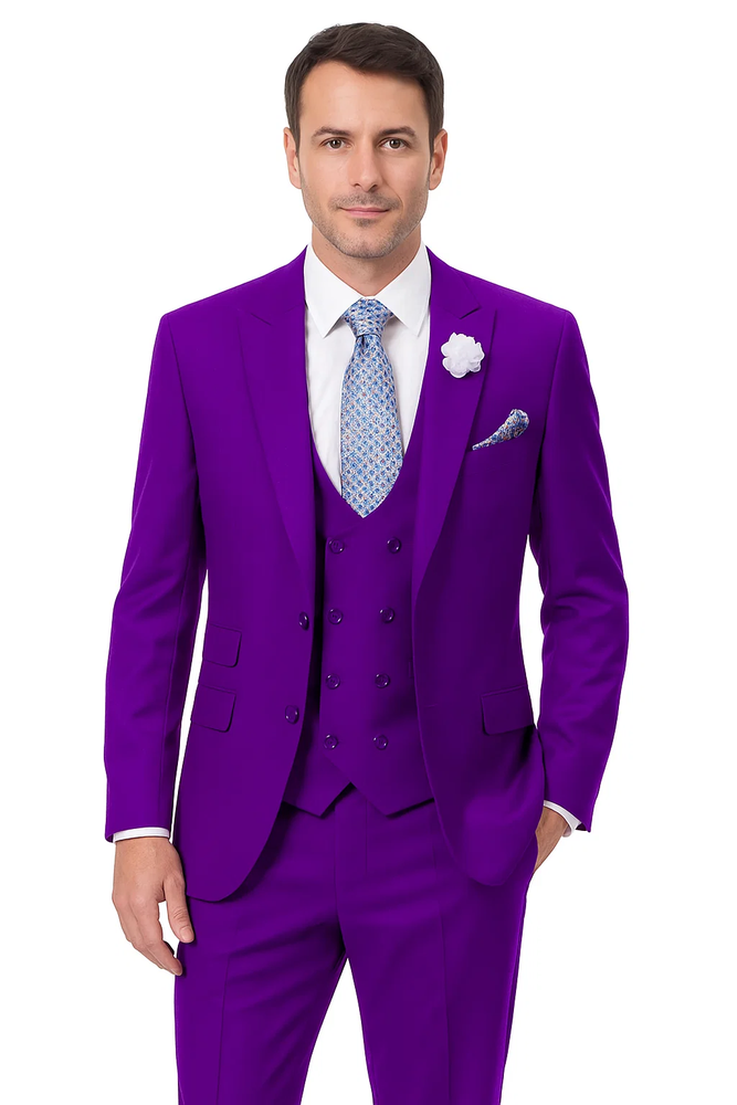  Modern Purple Suit for Men – 3-Piece with Peak Lapel & Double-Breasted Vest
