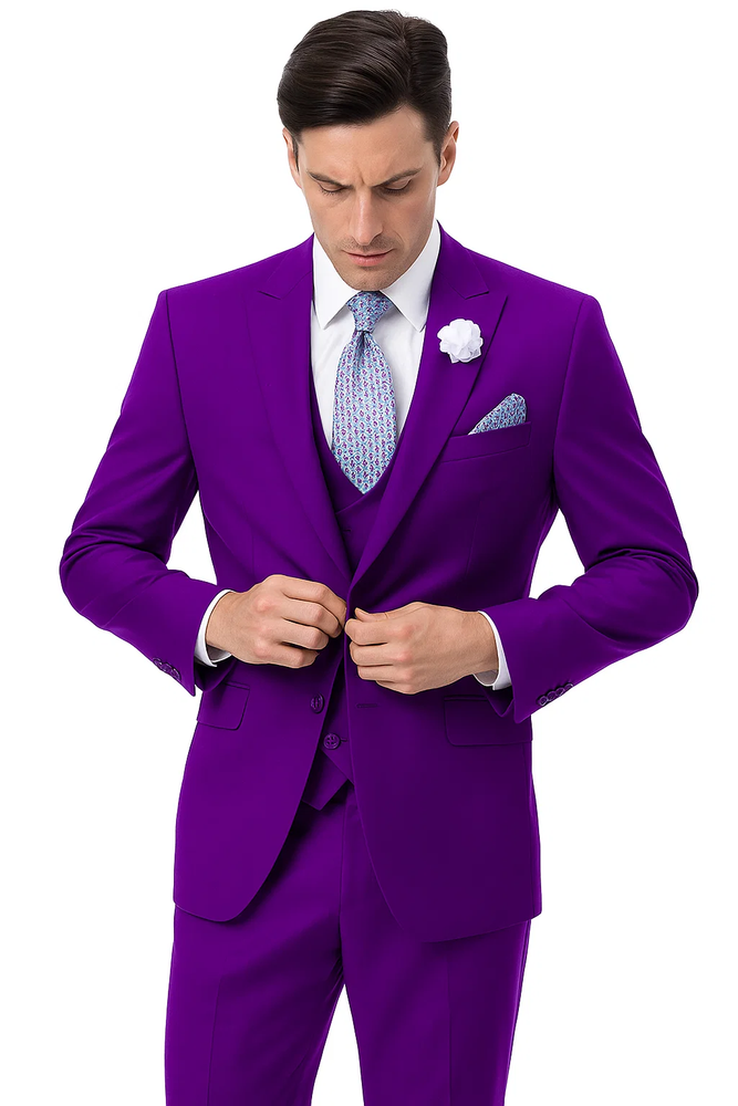  Modern Purple Suit for Men – 3-Piece with Peak Lapel & Double-Breasted Vest