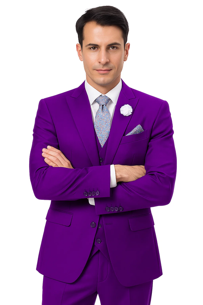  Modern Purple Suit for Men – 3-Piece with Peak Lapel & Double-Breasted Vest