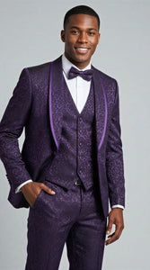 Men's Purple Floral Shawl Lapel Tuxedo Set with Satin Trim for Wedding & Prom