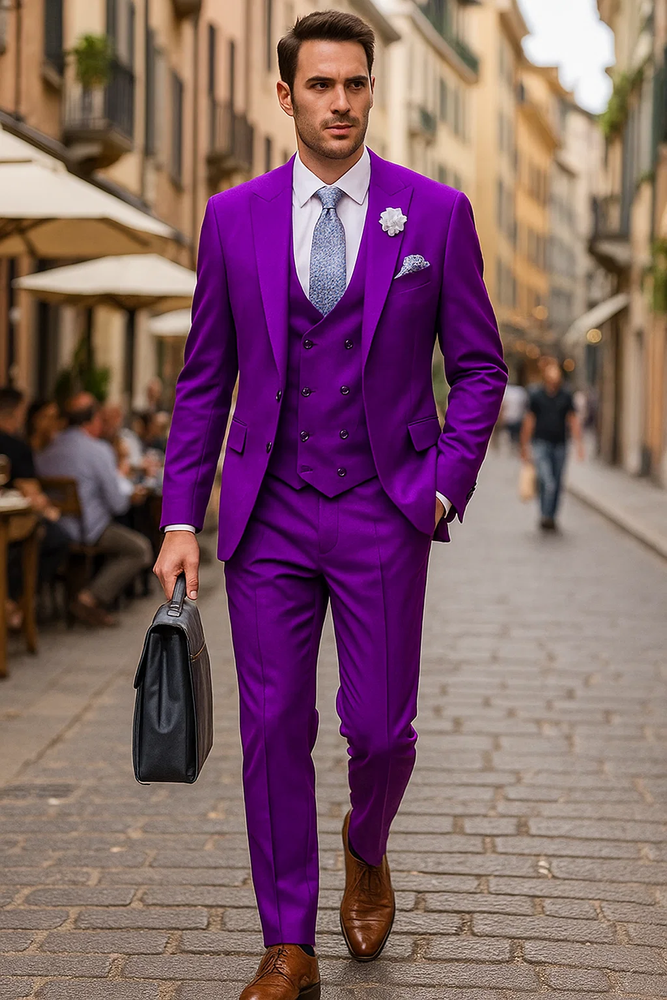  Modern Purple Suit for Men – 3-Piece with Peak Lapel & Double-Breasted Vest