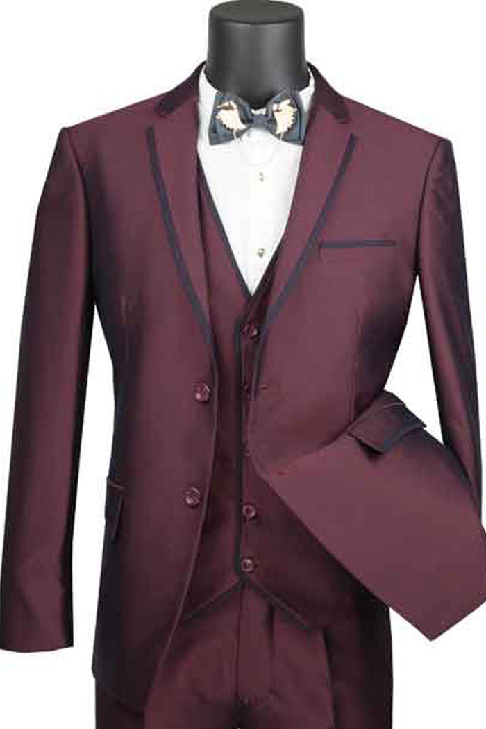 Mens Ultra Slim Fit Vested Suit with Trim in Burgundy