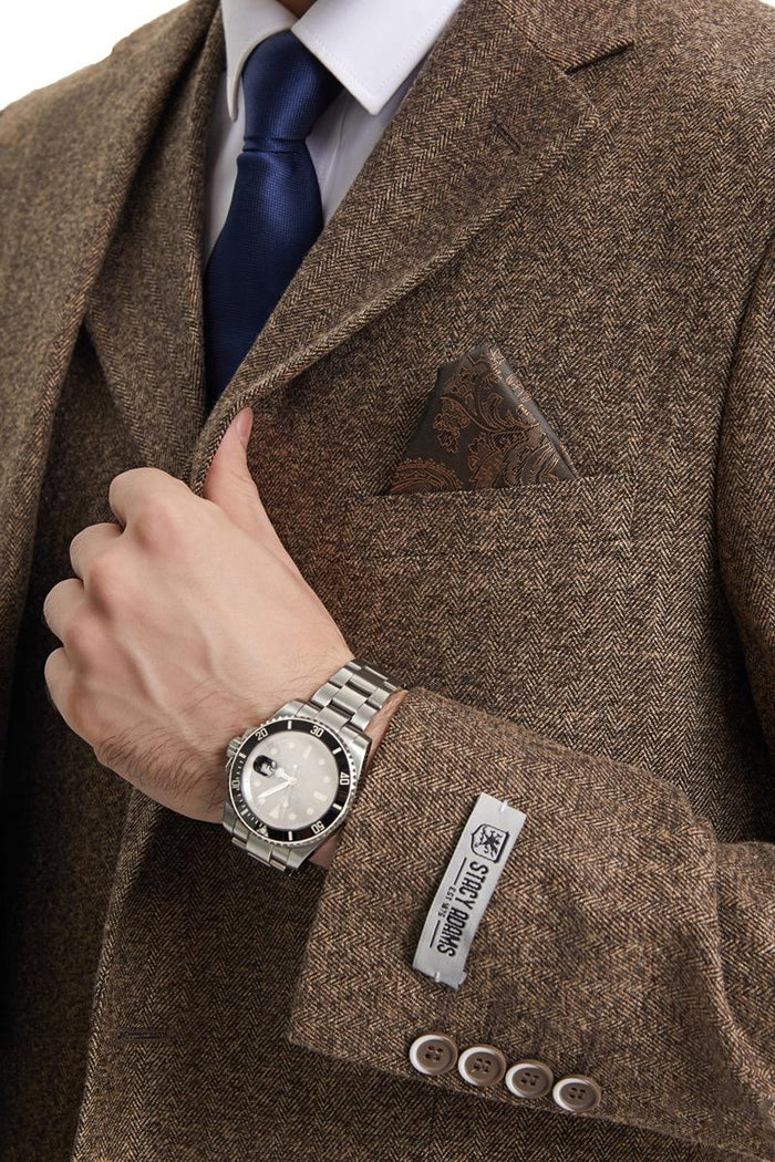 Men's Stacy Adams Vested Vintage Herringbone Tweed Suit in Light Brown