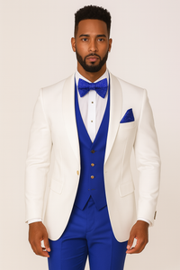 White and Royal Blue Tuxedo Wedding Suit - White Dinner Jacket + Vest + Pants + Bow-tie
