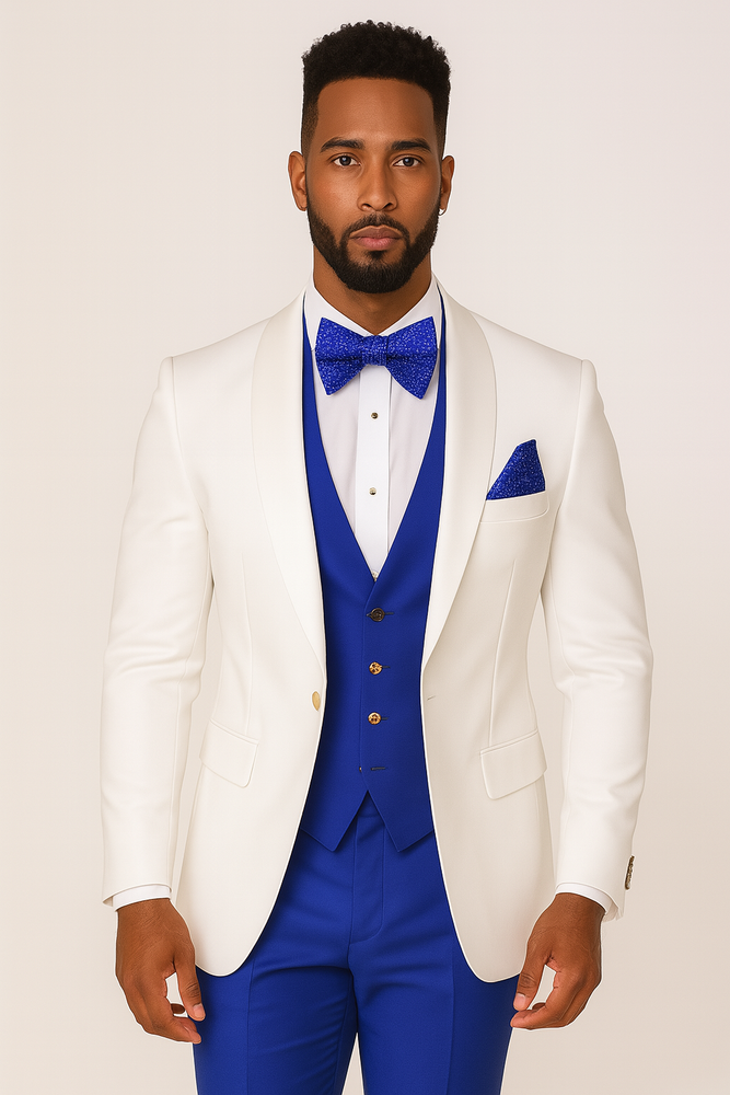 White and Royal Blue Tuxedo Wedding Suit - White Dinner Jacket + Vest + Pants + Bow-tie