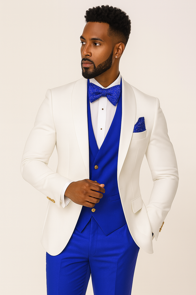 White and Royal Blue Tuxedo Wedding Suit - White Dinner Jacket + Vest + Pants + Bow-tie