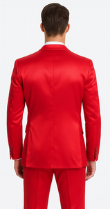 Men's Red Satin Slim Fit Tazzio 3 Piece Suit with Peak Lapel Jacket and Matching Double Breasted Vest