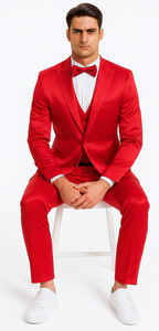 Men's Red Satin Slim Fit Tazzio 3 Piece Suit with Peak Lapel Jacket and Matching Double Breasted Vest