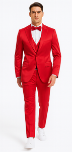 Men's Red Satin Slim Fit Tazzio 3 Piece Suit with Peak Lapel Jacket and Matching Double Breasted Vest