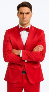 Men's Red Satin Slim Fit Tazzio 3 Piece Suit with Peak Lapel Jacket and Matching Double Breasted Vest