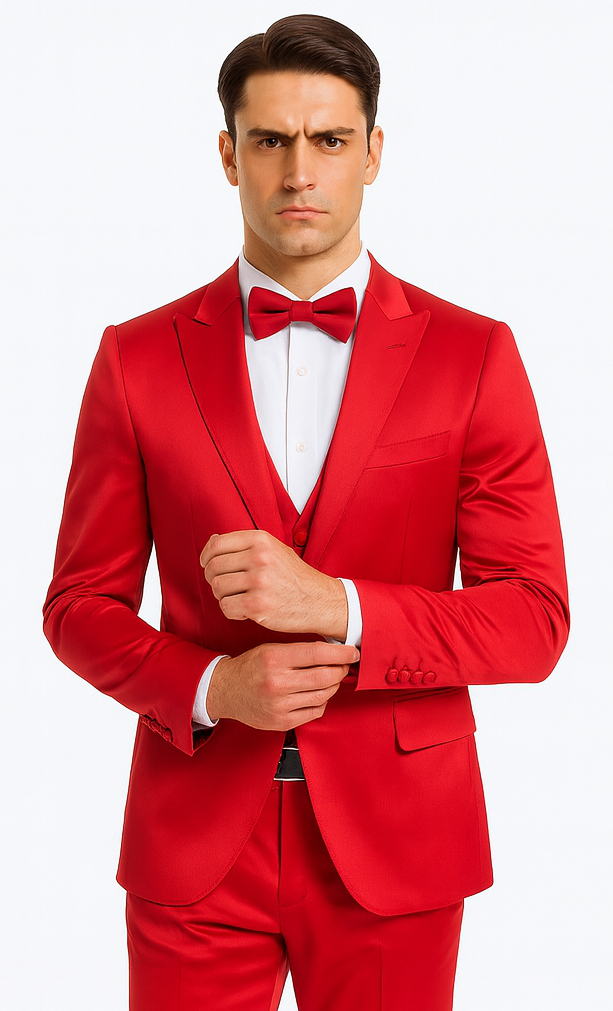 Men's Red Satin Slim Fit Tazzio 3 Piece Suit with Peak Lapel Jacket and Matching Double Breasted Vest