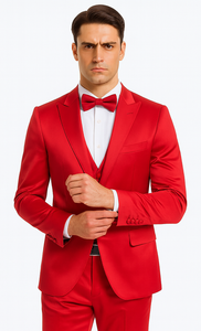 Men's Red Satin Slim Fit Tazzio 3 Piece Suit with Peak Lapel Jacket and Matching Double Breasted Vest