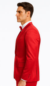 Men's Red Satin Slim Fit Tazzio 3 Piece Suit with Peak Lapel Jacket and Matching Double Breasted Vest