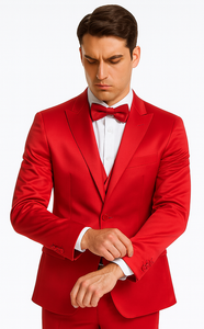 Men's Red Satin Slim Fit Tazzio 3 Piece Suit with Peak Lapel Jacket and Matching Double Breasted Vest