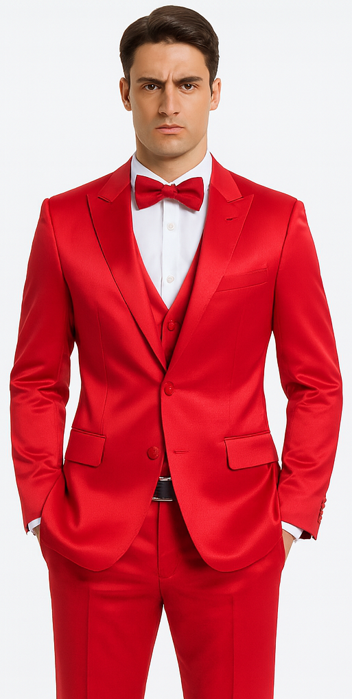 Men's Red Satin Slim Fit Tazzio 3 Piece Suit with Peak Lapel Jacket and Matching Double Breasted Vest
