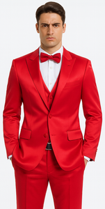 Men's Red Satin Slim Fit Tazzio 3 Piece Suit with Peak Lapel Jacket and Matching Double Breasted Vest
