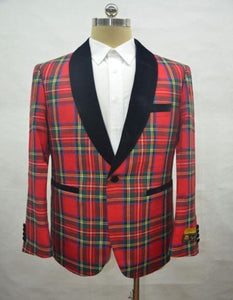 Big and Tall Plaid Sport Coat - Windowpane Checkered Scottish Patterns Party Blazer in Color Red Tartan