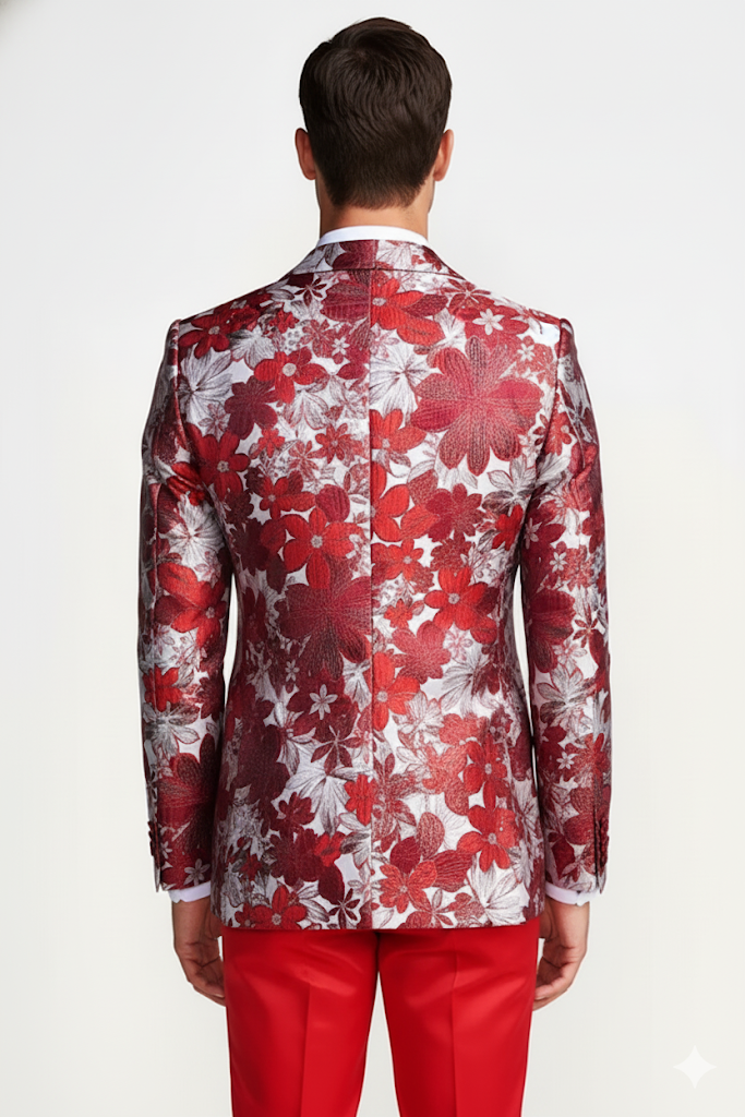 Mens Red & White Floral Paisley Prom Tuxedo Dinner Jacket