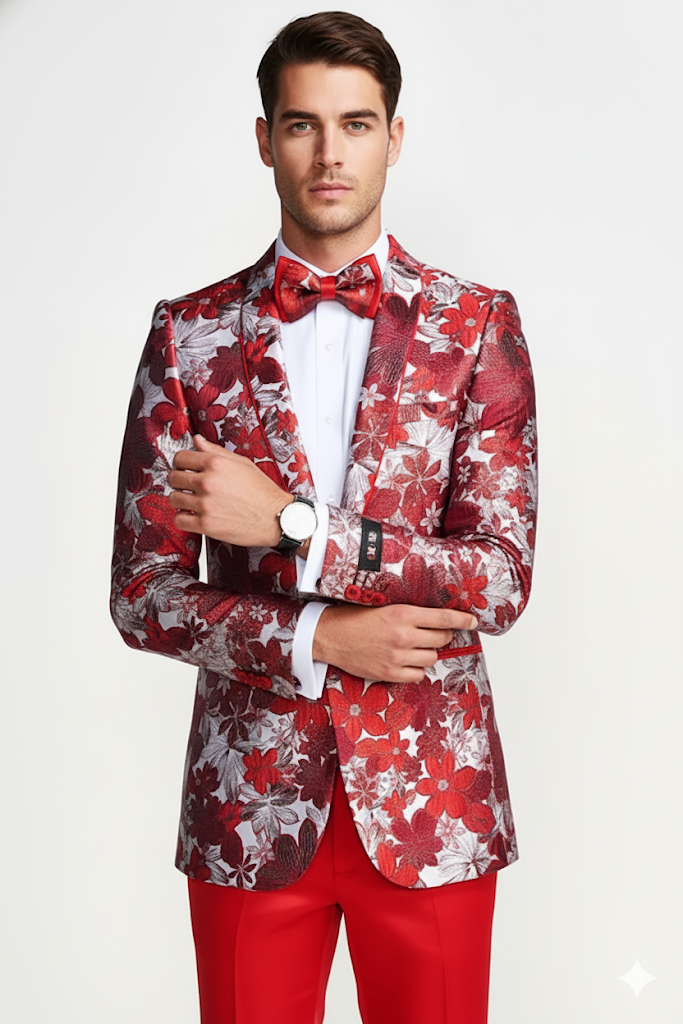 Mens Red & White Floral Paisley Prom Tuxedo Dinner Jacket