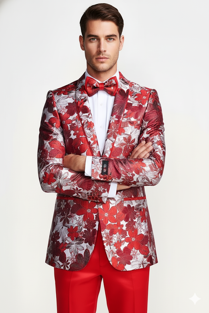Mens Red & White Floral Paisley Prom Tuxedo Dinner Jacket