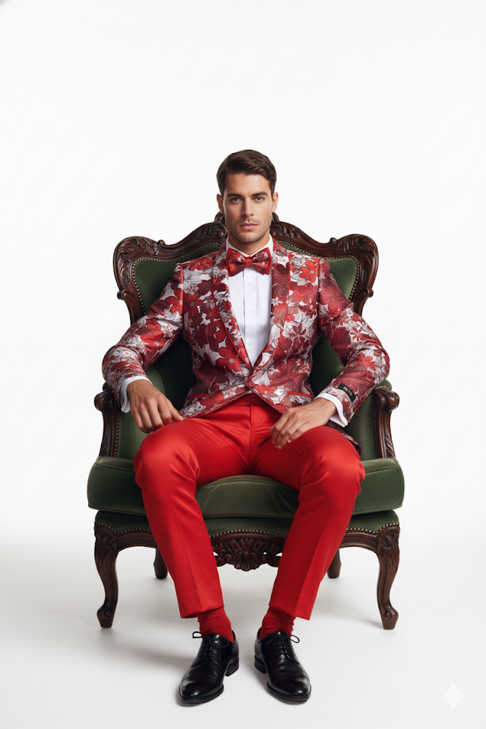 Mens Red & White Floral Paisley Prom Tuxedo Dinner Jacket