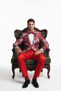 Mens Red & White Floral Paisley Prom Tuxedo Dinner Jacket