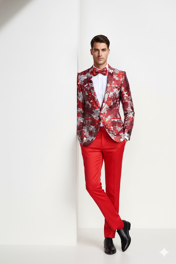 Mens Red & White Floral Paisley Prom Tuxedo Dinner Jacket