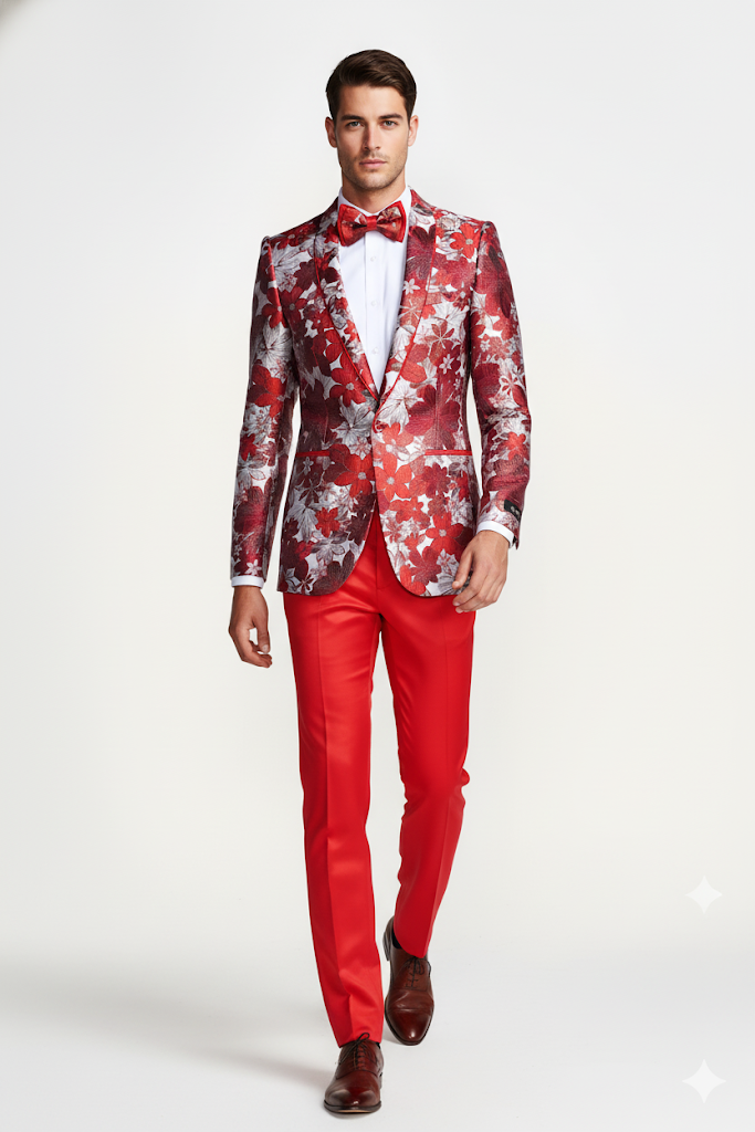 Mens Red & White Floral Paisley Prom Tuxedo Dinner Jacket