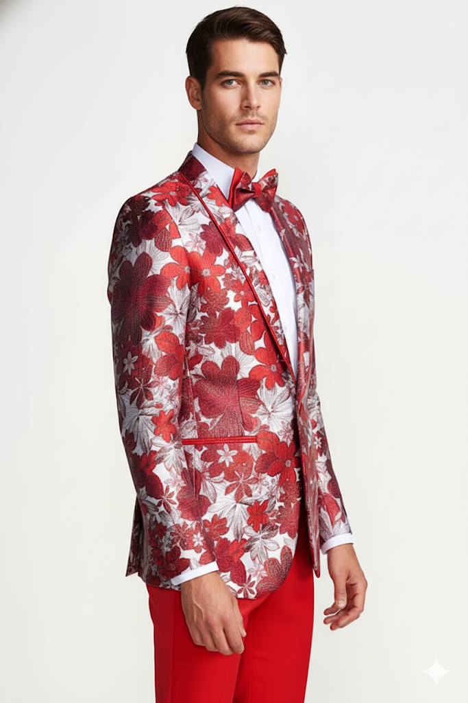 Mens Red & White Floral Paisley Prom Tuxedo Dinner Jacket