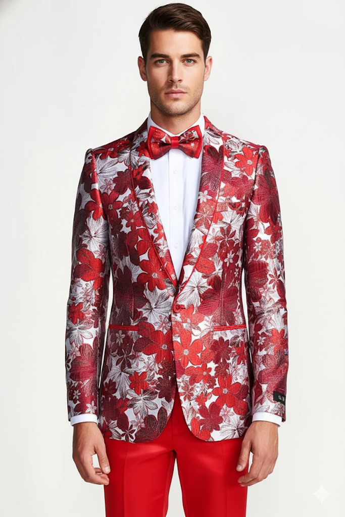 Mens Red & White Floral Paisley Prom Tuxedo Dinner Jacket