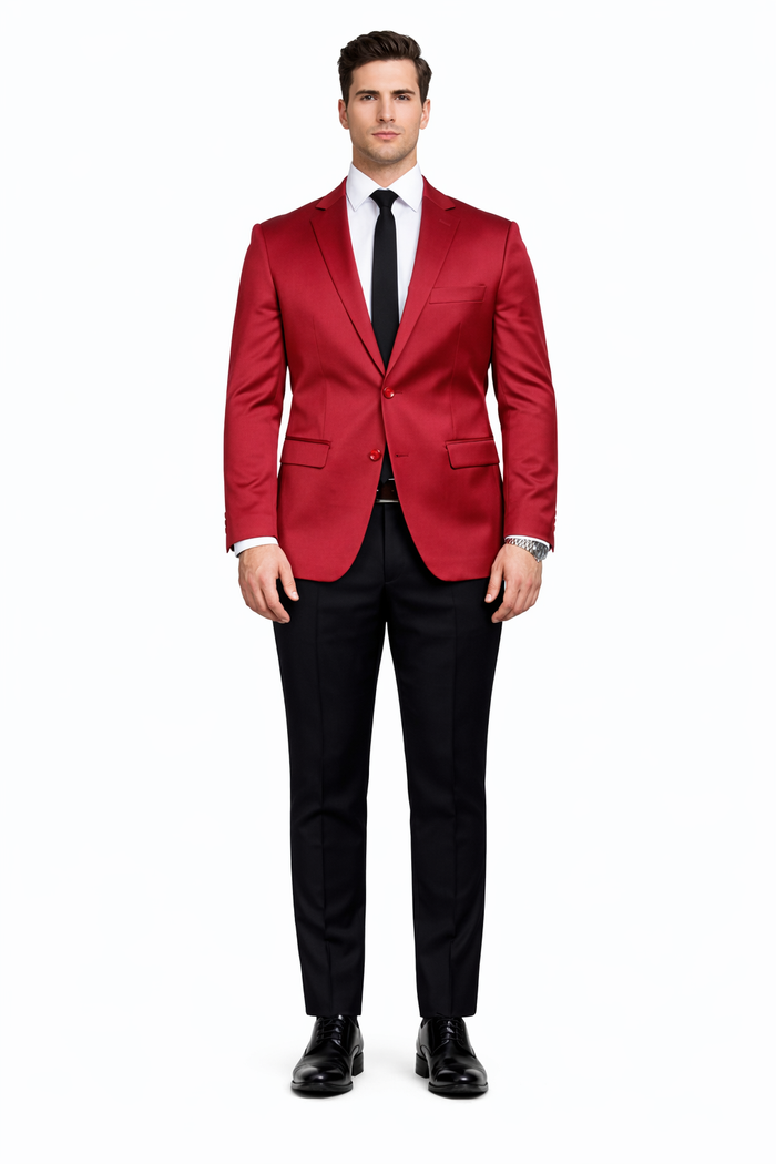 Men’s Slim Fit Red Satin Blazer – Elegant Two-Button Formal Suit Jacket for Weddings, in Red Color