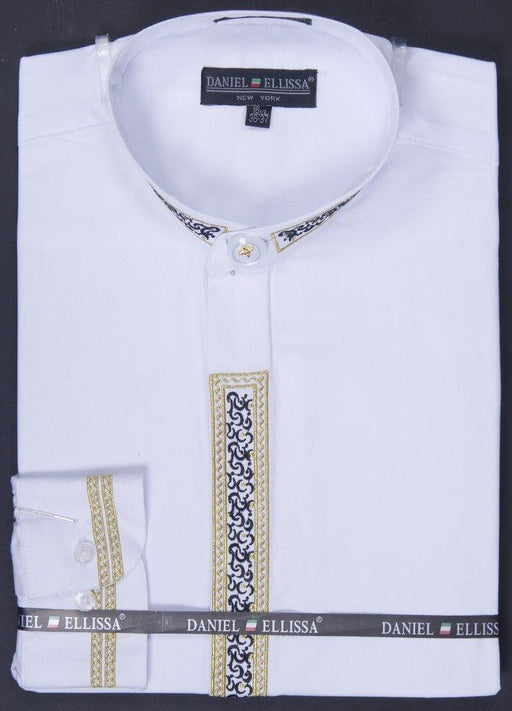 Refined Product Title: Daniel Ellissa Men's White Banded Collar Dress Shirt with Gold Embroidery - USA Men's Outlet