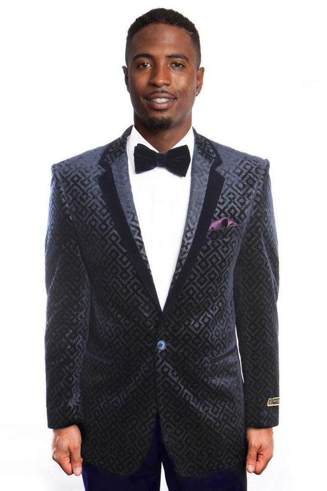 Refined Product Title: Men's Navy Velvet Retro Diamond Print Tuxedo Jacket by Empire - USA Men's Outlet