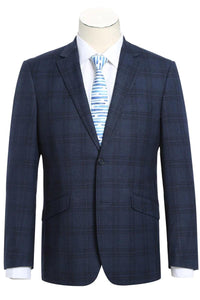 Refined Product Title: Renoir Two-Button Navy Blue Windowpane Plaid Slim-Fit Stretch Suit - USA Men's Outlet