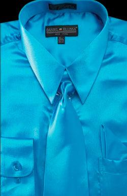 Regal Men's Turquoise Satin Dress Shirt, Tie & Pocket Square Set - Daniel Ellissa - USA Men's Outlet