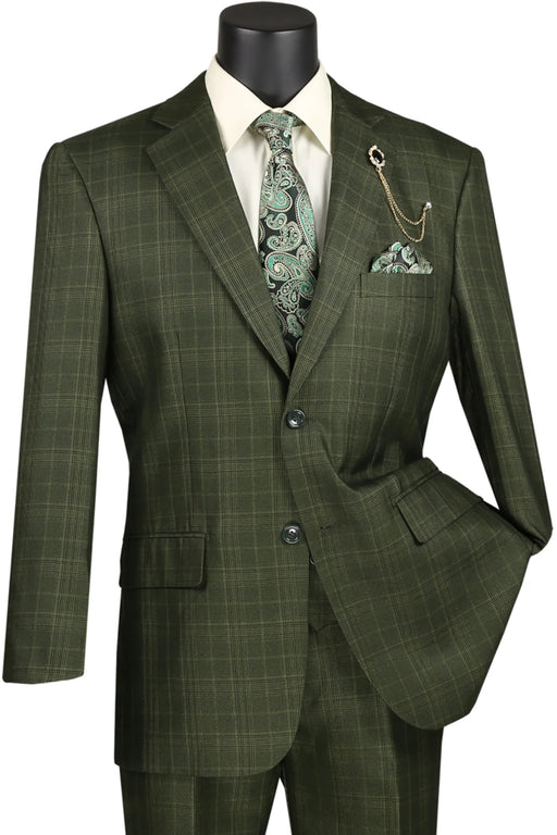 Regular Fit Olive Green Glen Plaid Three-Piece Suit