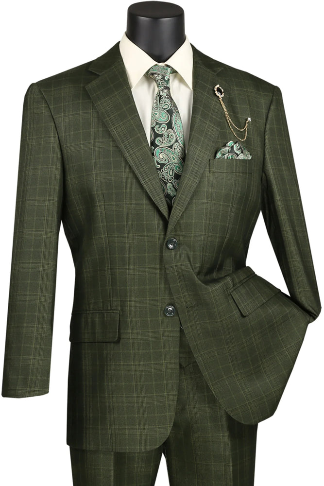 Regular Fit Olive Green Glen Plaid Three-Piece Suit