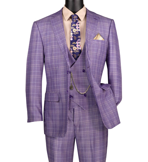 Regular Fit Light Purple Glen Plaid Three-Piece Suit 
