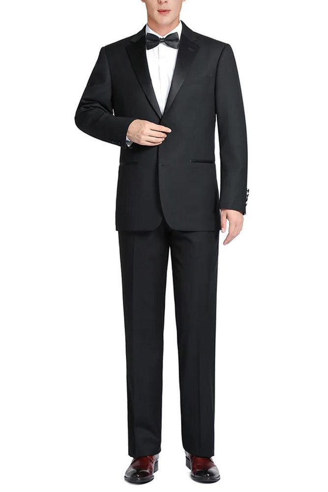 Renoir Black Wool Tuxedo with Notch Lapel, Slim Fit, 2-Button Closure. - USA Men's Outlet