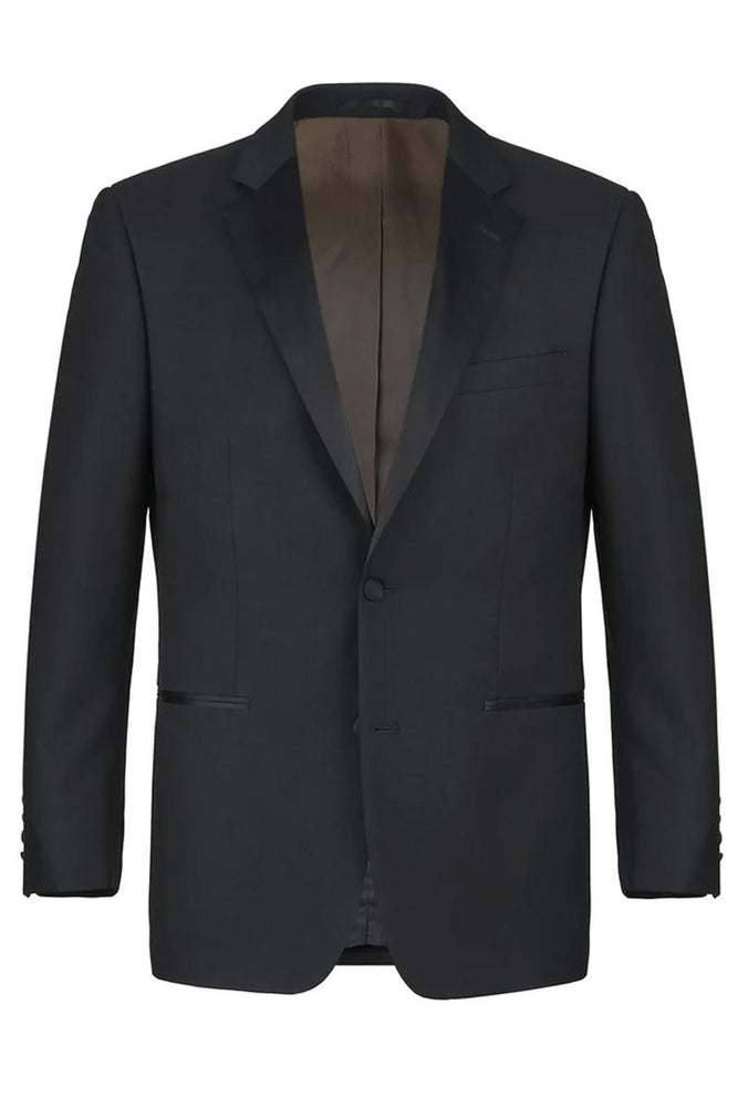 Renoir Black Wool Tuxedo with Notch Lapel, Slim Fit, 2-Button Closure. - USA Men's Outlet