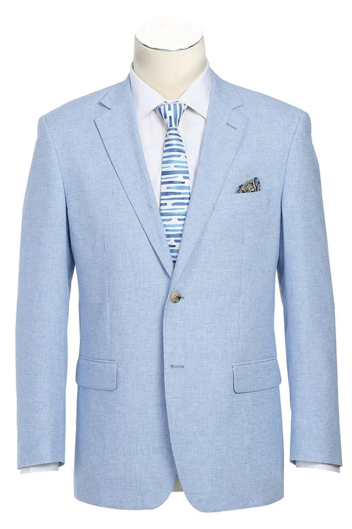 Renoir Blazer | Sky Blue Houndstooth Linen & Cotton Classic Sport Coat | 46S (Close Out) - USA Men's Outlet