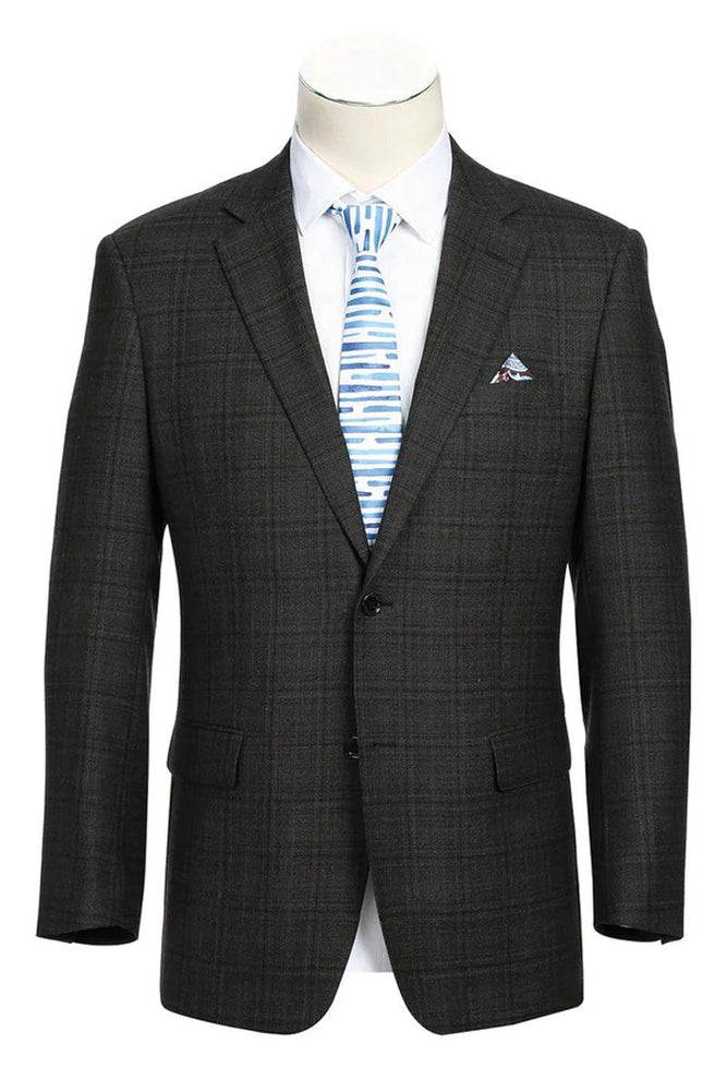 "Renoir Dark Brown Wool Sport Coat: Elegant Windowpane Plaid 2-Button Classic Fit" - USA Men's Outlet