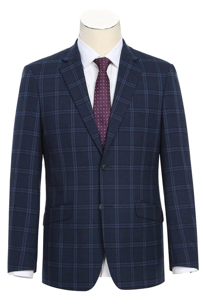 Renoir Dark Navy Wide Windowpane Plaid Slim-Fit Two-Button Stretch Suit - USA Men's Outlet