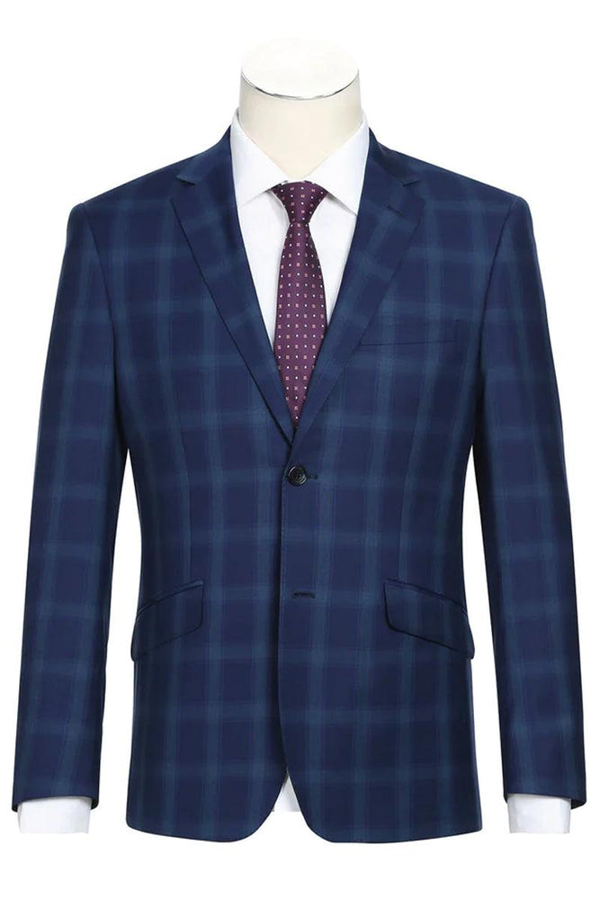 "Renoir Dark Royal Blue Two Piece Wool Windowpane Suit" - USA Men's Outlet