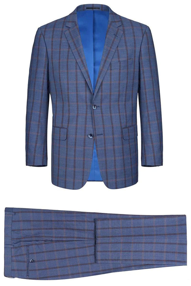 Renoir Men's 2-Button Classic Fit Stretch Suit in Blue Windowpane Plaid - USA Men's Outlet