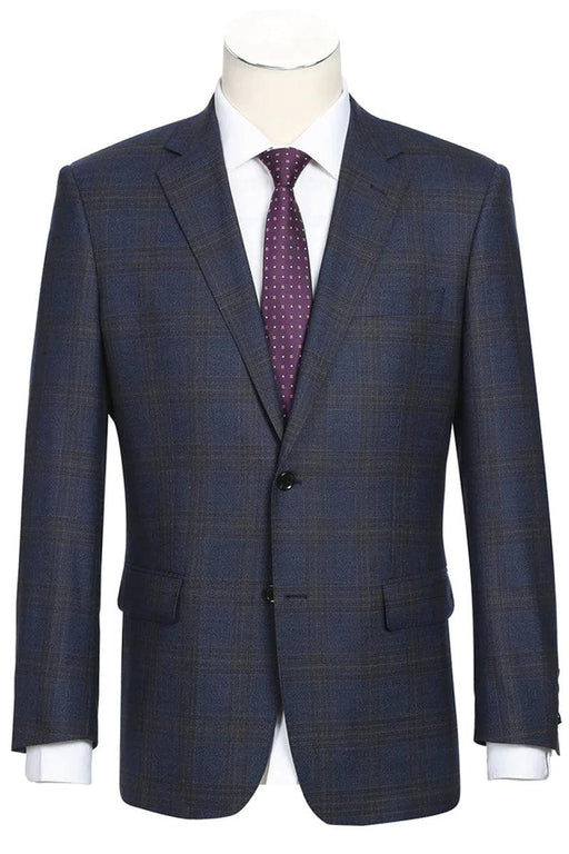 Renoir Men's 2-Button Classic Fit Wool Suit in Brown & Blue Windowpane Plaid - USA Men's Outlet