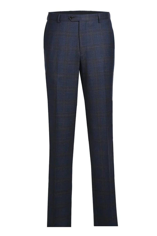 Renoir Men's 2-Button Classic Fit Wool Suit in Brown & Blue Windowpane Plaid - USA Men's Outlet