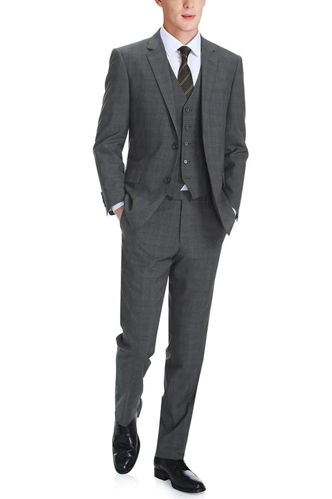 Renoir Men's Charcoal Grey Windowpane Classic Fit 2-Button Vested Suit - USA Men's Outlet