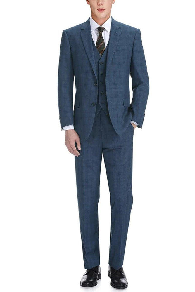 Renoir Men's Classic Fit 2-Button Vested Suit in Navy Blue Windowpane Plaid - USA Men's Outlet